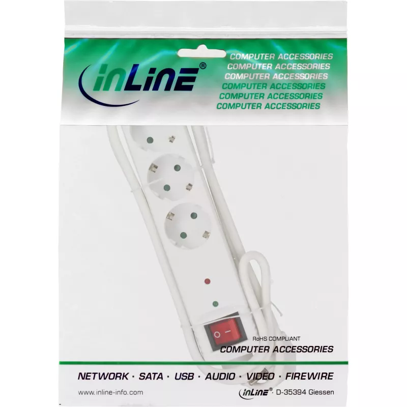 Πολύπριζο InLine CEE 7/3, 3 θέσεις, προστασία υπέρτασης, διακόπτης, λευκό
