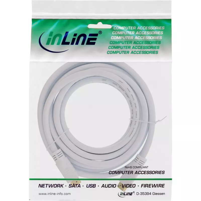 Καλώδιο High Speed HDMI με Ethernet InLine, M/M, λευκό, επιχρυσωμένες επαφές, 5 m