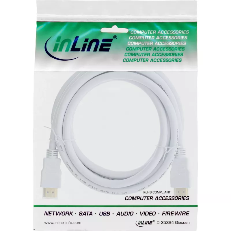 Καλώδιο High Speed HDMI με Ethernet InLine, M/M, λευκό, επιχρυσωμένες επαφές, 3 m