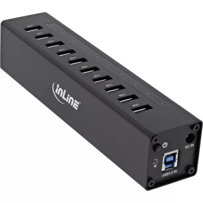 Hub USB 3.0 InLine 10 θυρών θήκη αλουμινίου με τροφοδοτικό 4A, μαύρο