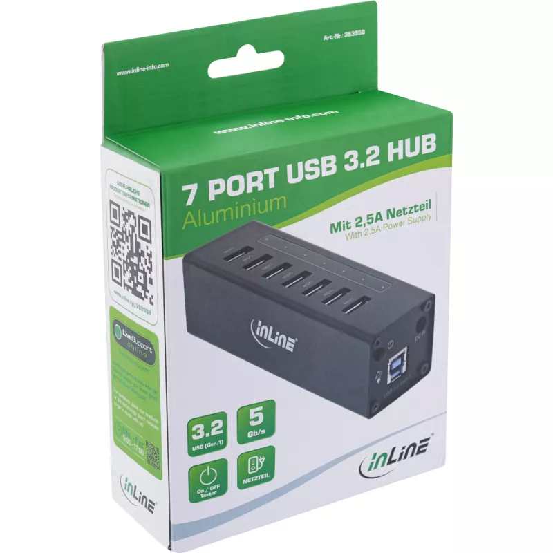 Hub USB 3.0 InLine, 7 θύρες, θήκη αλουμινίου, με τροφοδοτικό 2,5A