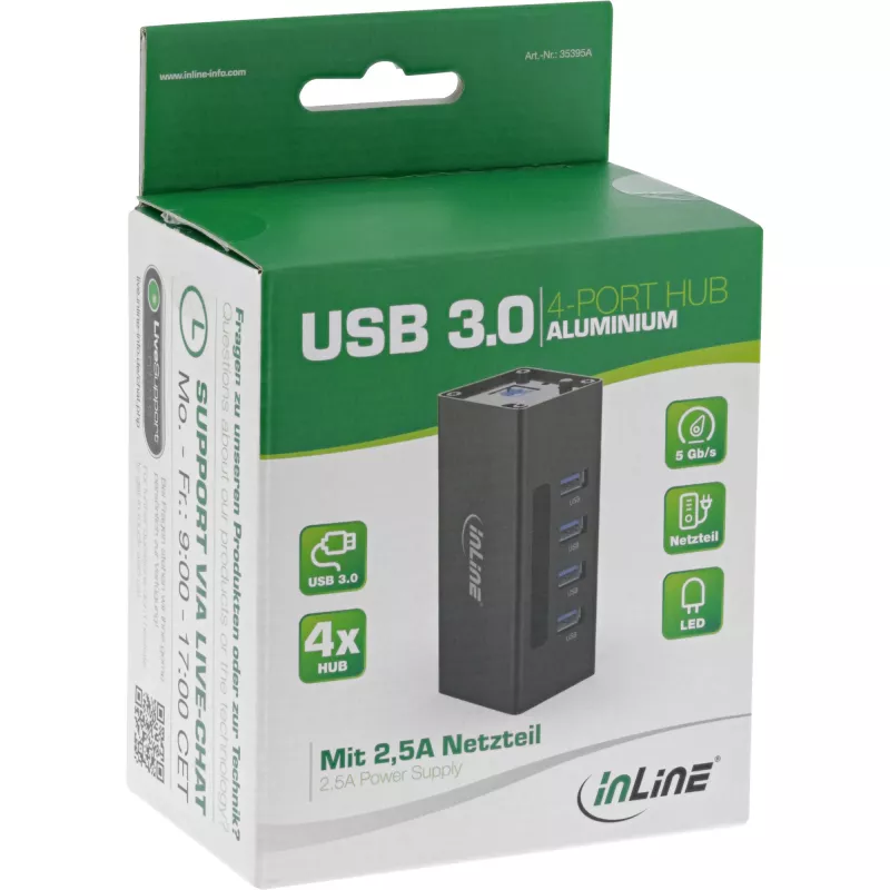 Hub USB 3.0 InLine, 4 θύρες, θήκη αλουμινίου, με τροφοδοτικό 2,5A