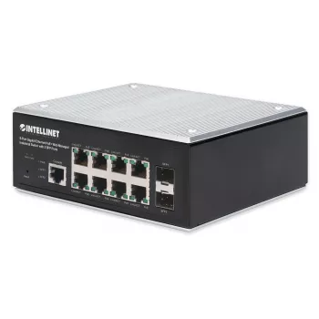 Intellinet 508278 βιομηχανικός διακόπτης 8 θυρών Gigabit PoE+ L2+ με διαχείριση μέσω web, με 2 θύρες SFP, 30 W ανά θύρα, ράγα DIN, μεταλλικό περίβλημα IP30, χωρίς ανεμιστήρα, από -40 έως 85 °C