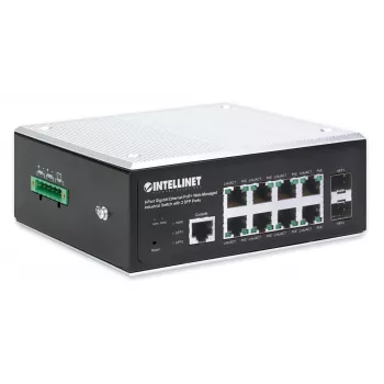 Intellinet 508278 βιομηχανικός διακόπτης 8 θυρών Gigabit PoE+ L2+ με διαχείριση μέσω web, με 2 θύρες SFP, 30 W ανά θύρα, ράγα DIN, μεταλλικό περίβλημα IP30, χωρίς ανεμιστήρα, από -40 έως 85 °C