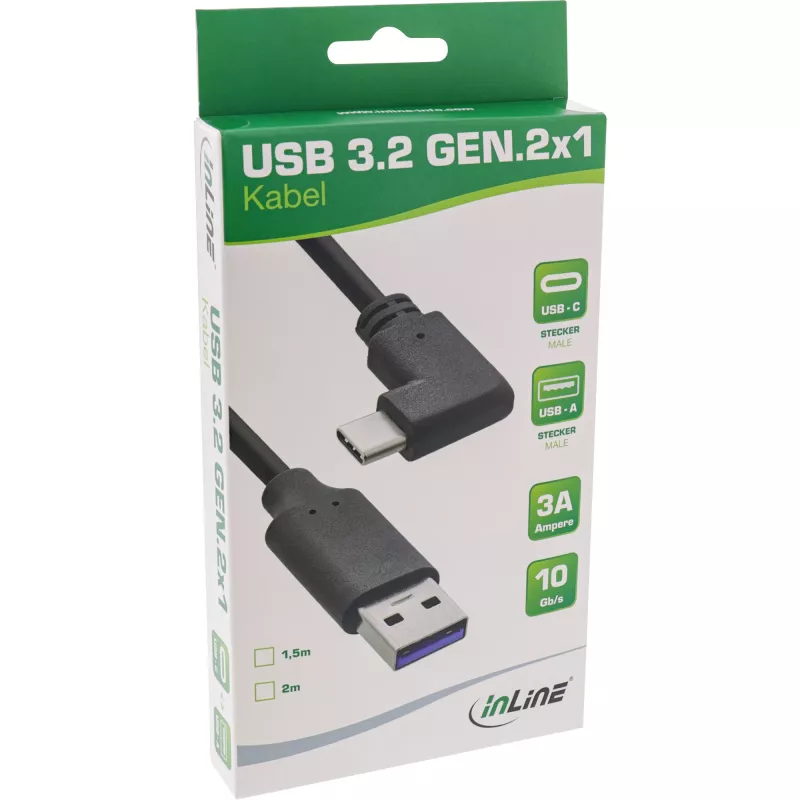 InLine Καλώδιο USB 3.2, USB-C αρσενικό γωνιακό σε USB-A αρσενικό, μαύρο, 1,5 m