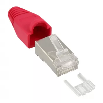 InLine αρσενικό βύσμα crimp RJ45 8P8C θωρακισμένο με οδηγό εισαγωγής και προστασία κάμψης, κόκκινο