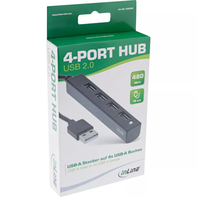 Hub USB 2.0 4 θυρών InLine, αρσενικό βύσμα USB-A σε 4x θηλυκό υποδοχή USB-A, καλώδιο 15cm