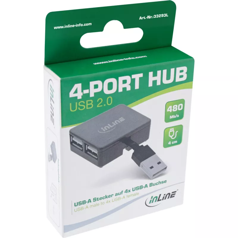 Hub USB 2.0 4 θυρών InLine, αρσενικό βύσμα USB-A σε 4x θηλυκό υποδοχή USB-A, καλώδιο 4cm