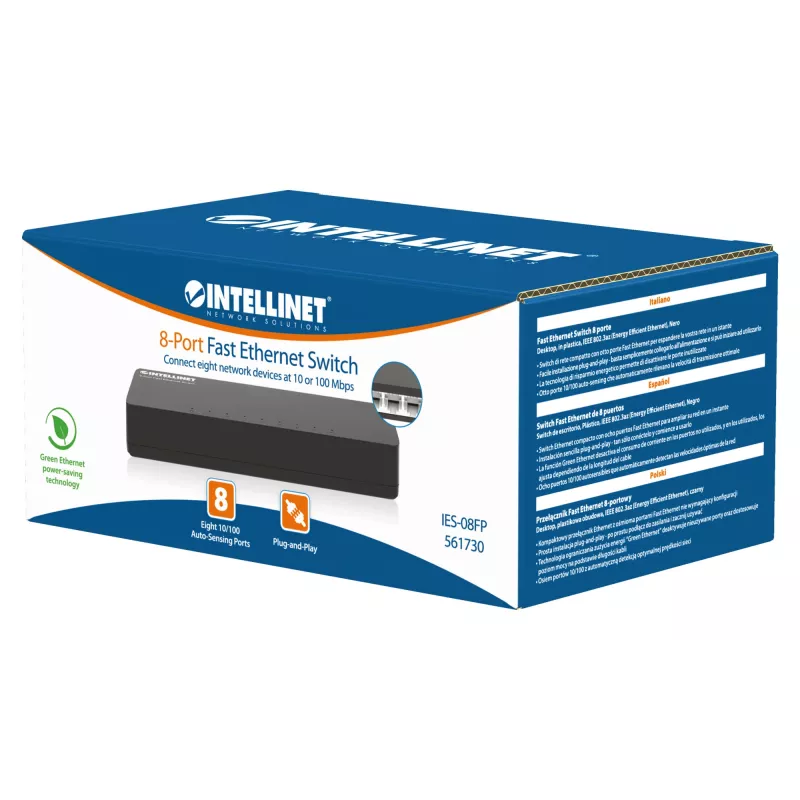 Switch Fast Ethernet 8 θυρών Intellinet μεγέθους desktop, πλαστικό, IEEE 802.3az (Energy Efficient Ethernet), μαύρο