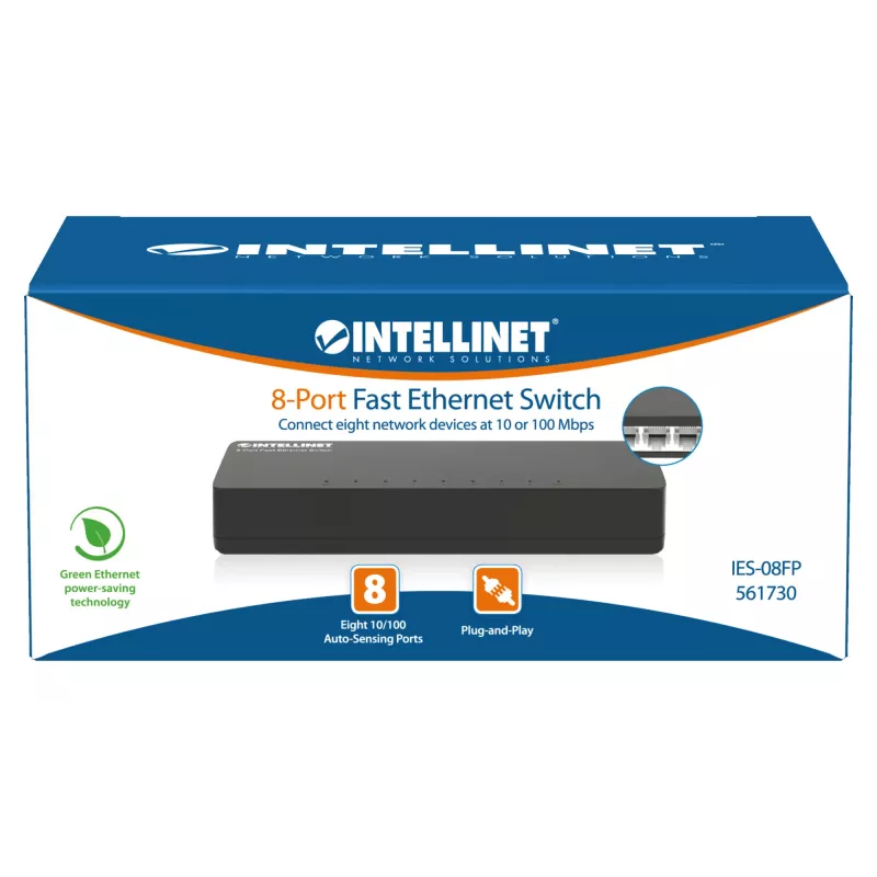 Switch Fast Ethernet 8 θυρών Intellinet μεγέθους desktop, πλαστικό, IEEE 802.3az (Energy Efficient Ethernet), μαύρο