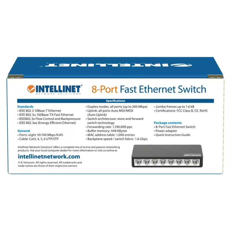 Switch Fast Ethernet 8 θυρών Intellinet μεγέθους desktop, πλαστικό, IEEE 802.3az (Energy Efficient Ethernet), μαύρο