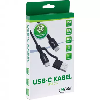Καλώδιο InLine 2-in-1 USB-C + προσαρμογέας USB-A, USB 2.0, 100W, TPE, μαύρο, 1m