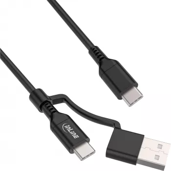 Καλώδιο InLine 2-in-1 USB-C + προσαρμογέας USB-A, USB 2.0, 100W, TPE, μαύρο, 2m