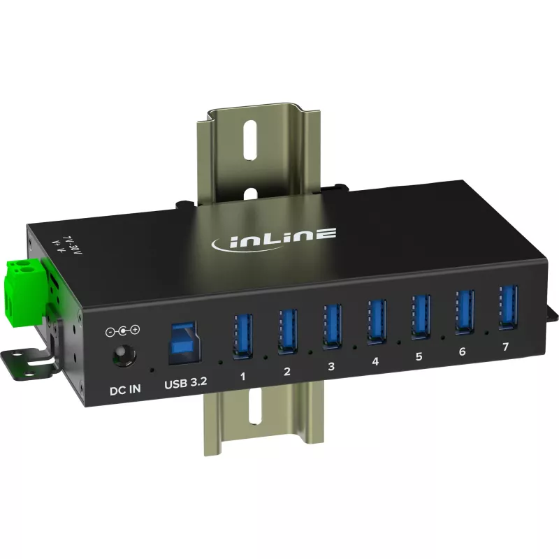 InLine 35396B βιομηχανικός διανομέας USB 3.2 Gen 1, 7x USB-A, 5 Gbit/s, περίβλημα αλουμινίου, στερέωση σε ράγα DIN, με τροφοδοτικό 12 V, μαύρος