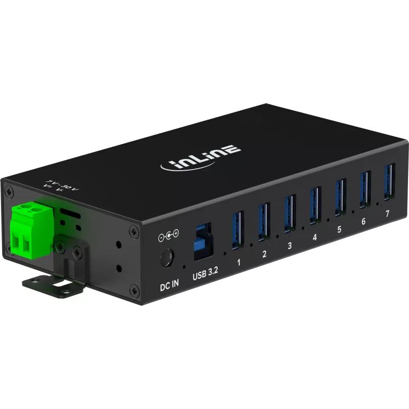 InLine 35396B βιομηχανικός διανομέας USB 3.2 Gen 1, 7x USB-A, 5 Gbit/s, περίβλημα αλουμινίου, στερέωση σε ράγα DIN, με τροφοδοτικό 12 V, μαύρος