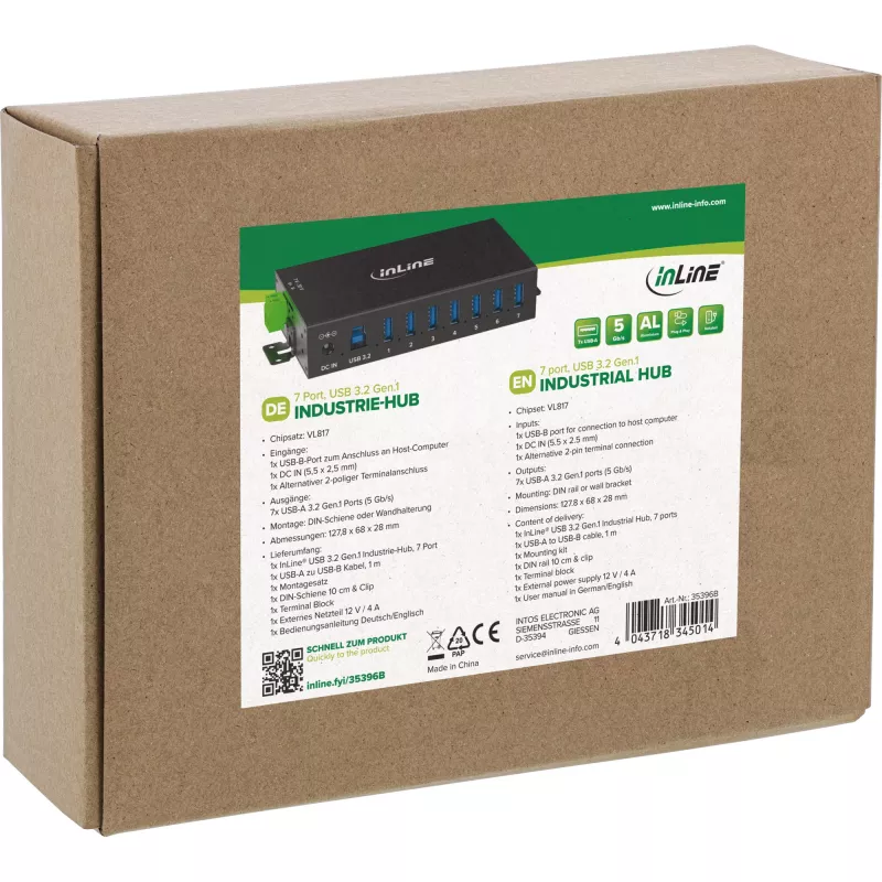 InLine 35396B βιομηχανικός διανομέας USB 3.2 Gen 1, 7x USB-A, 5 Gbit/s, περίβλημα αλουμινίου, στερέωση σε ράγα DIN, με τροφοδοτικό 12 V, μαύρος