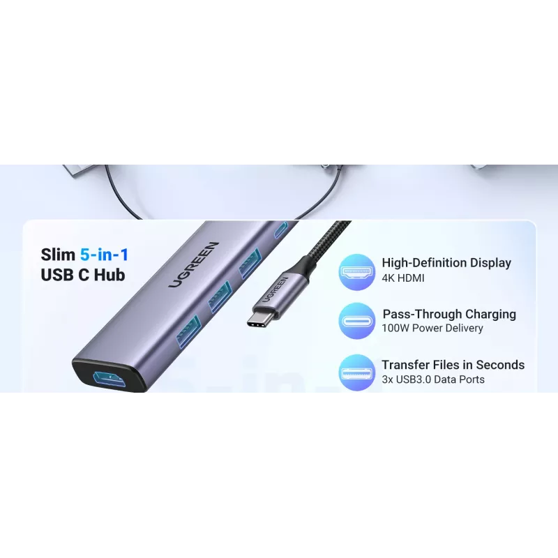 UGREEN 20956A Revodok CM511 διανομέας USB-C 6 σε 1, HDMI, 3x USB-A 3.0, SD/TF, 5 Gbps, ασημί