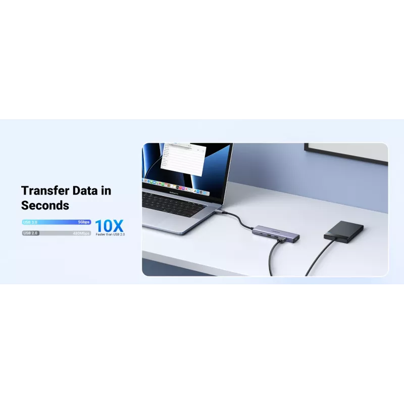 UGREEN 20956A Revodok CM511 διανομέας USB-C 6 σε 1, HDMI, 3x USB-A 3.0, SD/TF, 5 Gbps, ασημί