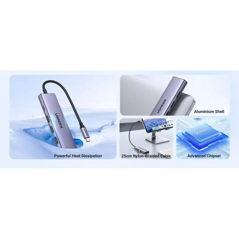 UGREEN 20956A Revodok CM511 διανομέας USB-C 6 σε 1, HDMI, 3x USB-A 3.0, SD/TF, 5 Gbps, ασημί