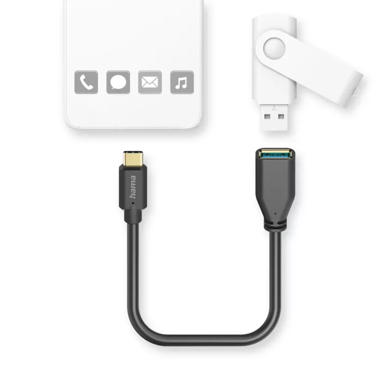 Hama 00201605 καλώδιο προσαρμογέα OTG USB, USB-C αρσενικό σε USB-A θηλυκό, USB 3.2, 5 Gbit/s, 0,15 m, μαύρο
