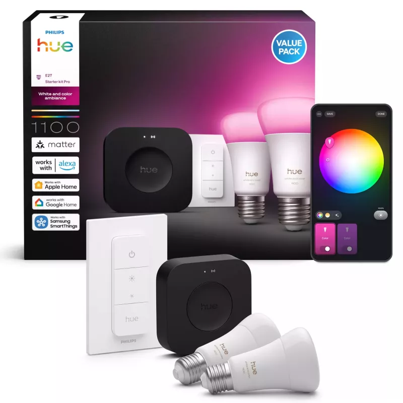Philips Hue White and colour ambience Starterkit: 2 έξυπνες λάμπες E27 + διακόπτης dimmer + Bridge Pro