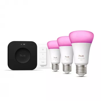 Έξυπνο σετ φωτισμού Philips Hue White and Colour Ambience Starter Kit — 3 έξυπνες λάμπες E27, διακόπτης dimmer, Bridge Pro, Bluetooth/Zigbee