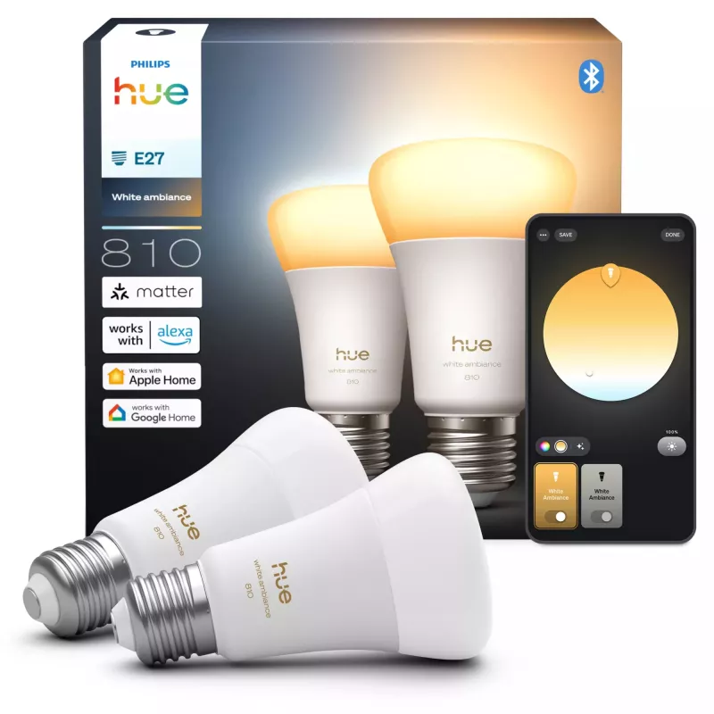 έξυπνος λαμπτήρας Philips A60 E27 — Bluetooth/Zigbee, 6 W, 810 lm, λευκός, συσκευασία 2 τεμ.