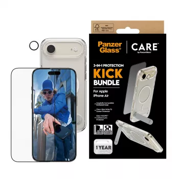 σετ προστασίας PanzerGlass CARE 3-in-1 Feature Kick για iPhone Air — σκληρυμένο γυαλί, PET, σιλικόνη, διαφανές