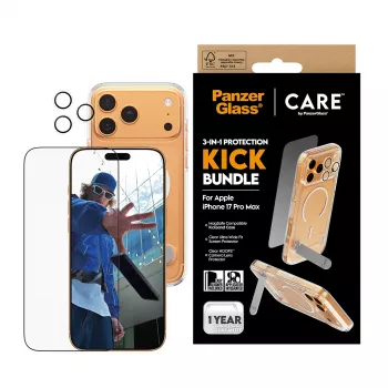 σετ προστασίας οθόνης και θήκης PanzerGlass CARE 3-in-1 Feature Kick για iPhone 17 Pro Max — σκληρυμένο γυαλί, PET, σιλικόνη, διαφανές