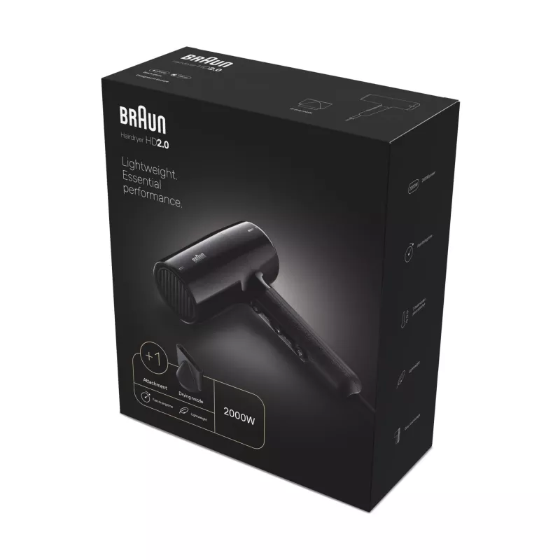 Braun HD2.0 BRHD200E πιστολάκι μαλλιών, 2000 W, 3 ρυθμίσεις θερμότητας, Cool Shot, καλώδιο 1,95 m, μαύρο