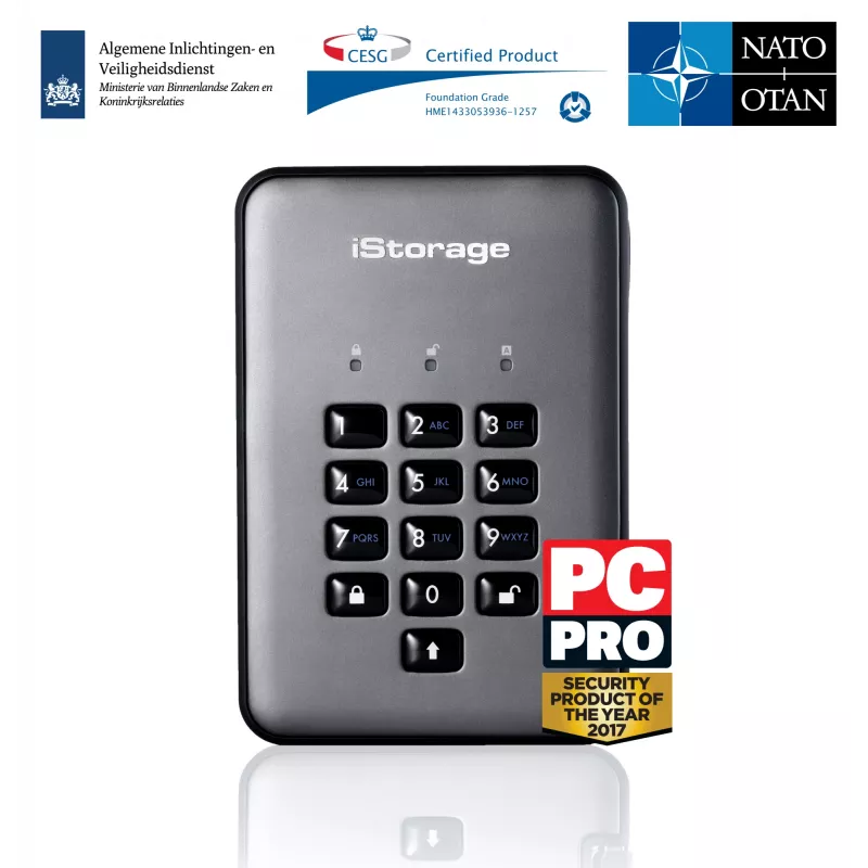 iStorage diskAshur PRO2 IS-DAP2-256-1000-C-G κρυπτογραφημένος φορητός σκληρός δίσκος HDD, 1 TB, 2,5 ίντσες, USB 3.1, AES-XTS 256-bit, FIPS 140-2 Level 3, πληκτρολόγιο