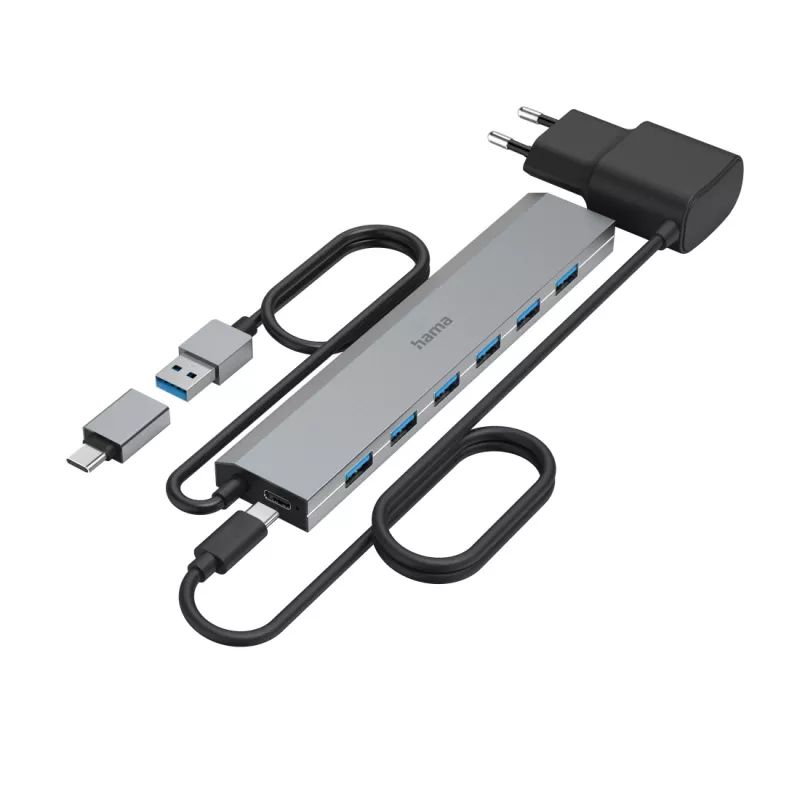Hama 00200137 διανομέας USB, 7 θύρες, USB 3.2 Gen 1, 5 Gbit/s, με προσαρμογέα USB-C και τροφοδοτικό, περίβλημα αλουμινίου