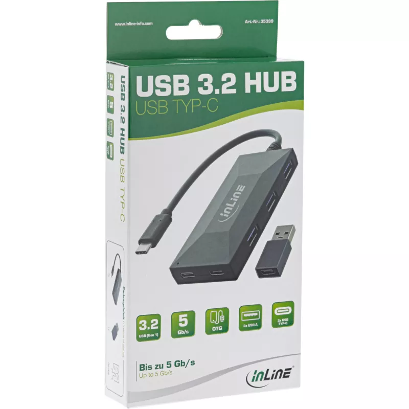 InLine Hub USB 3.2 Gen.1, USB-C σε 2 θύρες USB-C και 3 θύρες USB-A, χωρίς τροφοδοτικό