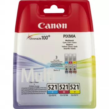Πολυσυσκευασία μελανιών Canon CLI-521 C/M/Y, κυανό, ματζέντα, κίτρινο, χρωστική μελάνη, 3 τεμ.