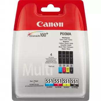 Canon CLI-551 BK/C/M/Y Μελανοδοχεία πολλαπλή συσκευασία, τυπική διάρκεια, μαύρο, κυανό, ματζέντα, κίτρινο, 4 τεμ., πολλαπλή συσκευασία
