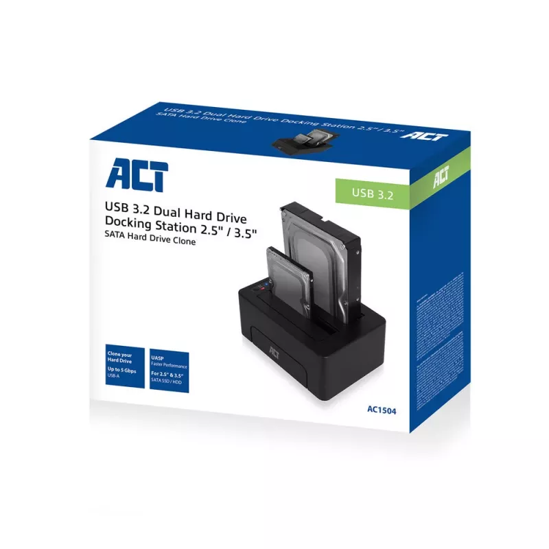 Διπλός σταθμός σύνδεσης ACT AC1504 για HDD, USB 3.2 Gen 1, μαύρος