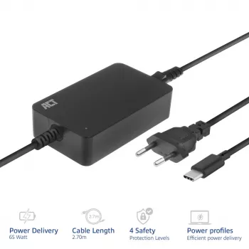 Φορτιστής laptop USB-C ACT με προφίλ Power Delivery 65 W, laptop, εσωτερικού χώρου, 100–240 V, 50/60 Hz, 65 W, 5–20 V