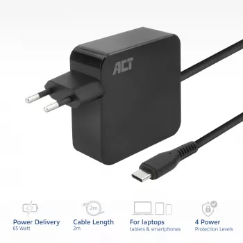 Τροφοδοτικό laptop USB-C ACT 65W με προφίλ Power Delivery, 2 μέτρα