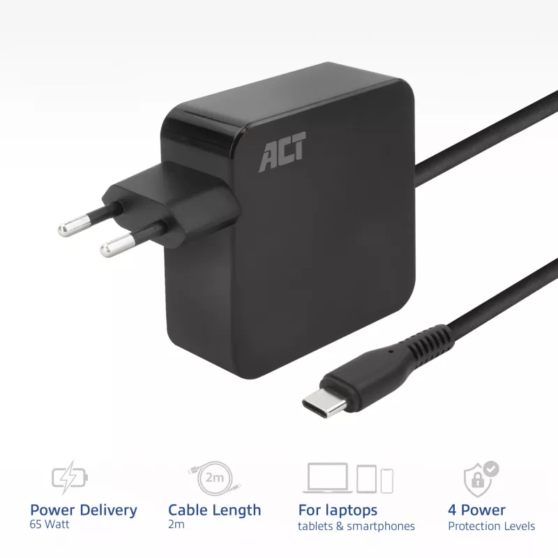 Τροφοδοτικό laptop USB-C ACT 65W με προφίλ Power Delivery, 2 μέτρα