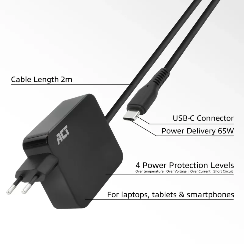 Τροφοδοτικό laptop USB-C ACT 65W με προφίλ Power Delivery, 2 μέτρα