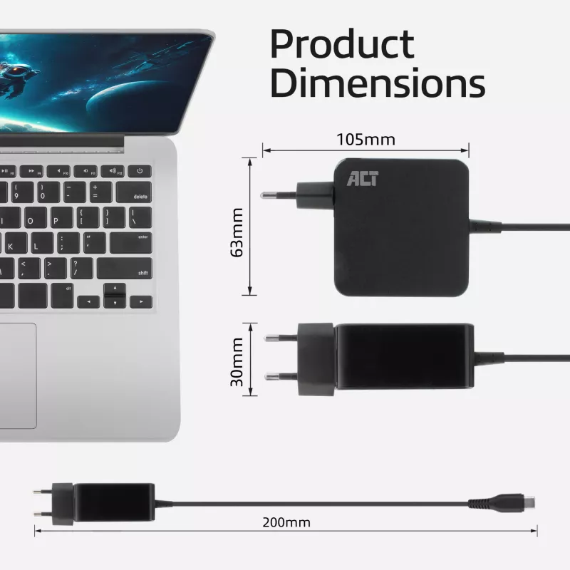 Τροφοδοτικό laptop USB-C ACT 65W με προφίλ Power Delivery, 2 μέτρα