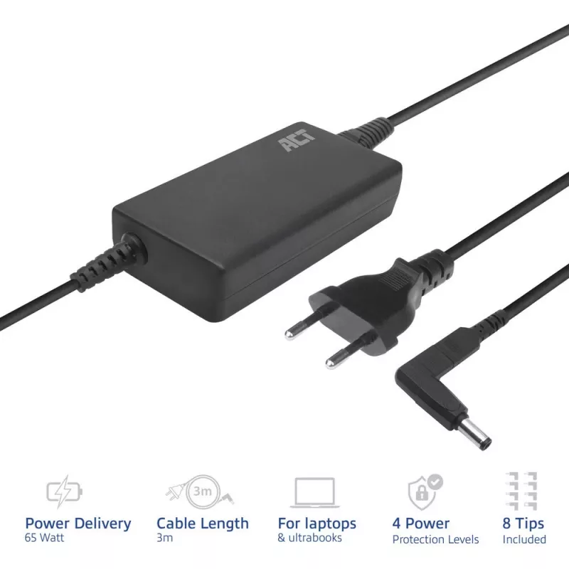 Λεπτός φορτιστής laptop ACT AC2055 65 W, για laptop έως 15,6 ιντσών, 8 άκρα, 3 m, μαύρος
