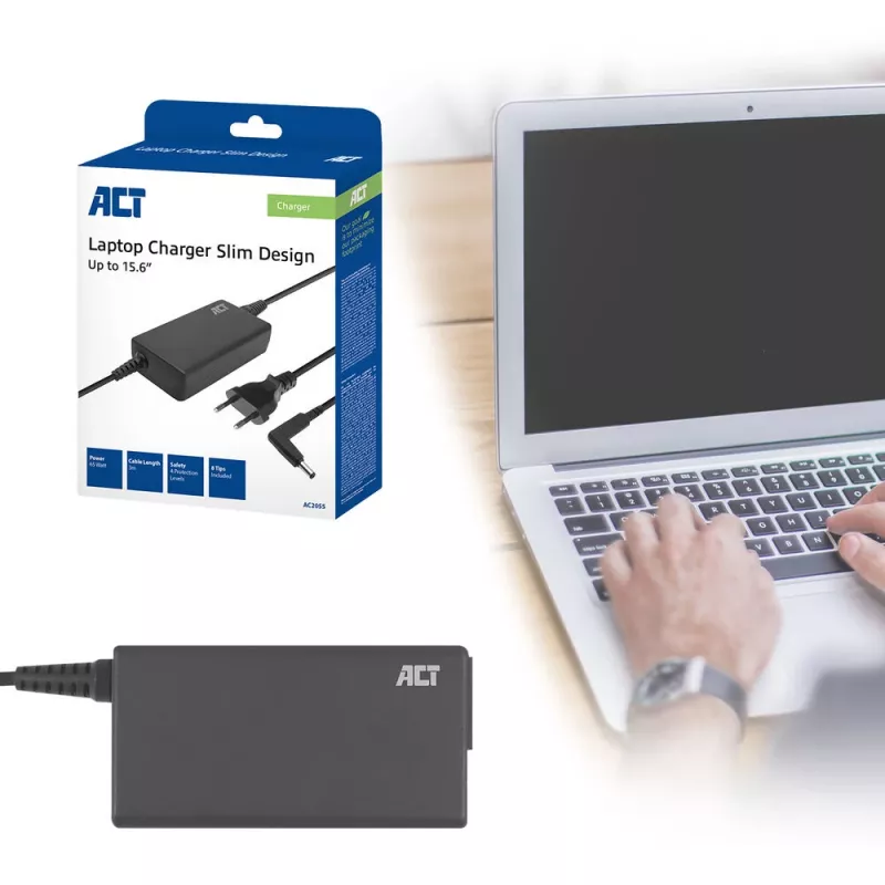Λεπτός φορτιστής laptop ACT AC2055 65 W, για laptop έως 15,6 ιντσών, 8 άκρα, 3 m, μαύρος
