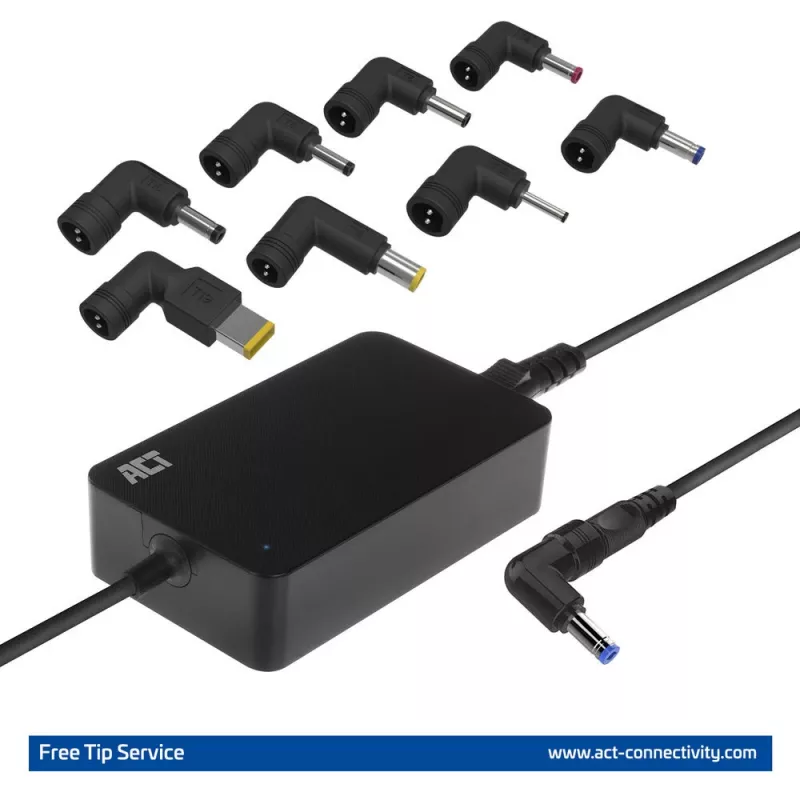 Λεπτός φορτιστής laptop ACT AC2055 65 W, για laptop έως 15,6 ιντσών, 8 άκρα, 3 m, μαύρος