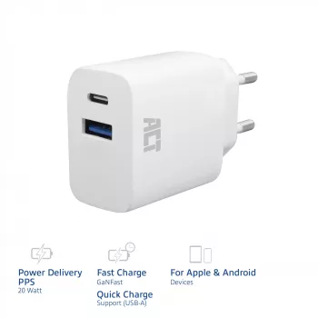 Φορτιστής USB-C & USB-A ACT 20 W με Power Delivery PPS, Quick Charge, GaNFast