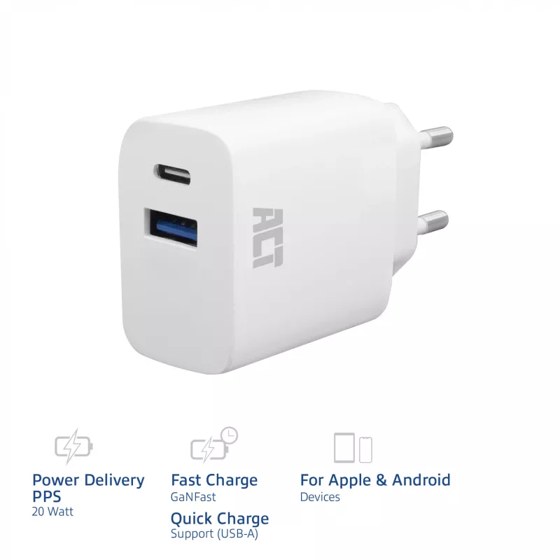 Φορτιστής USB-C & USB-A ACT 20 W με Power Delivery PPS, Quick Charge, GaNFast