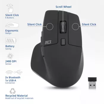 ACT ασύρματο ποντίκι Multi-Connect Bluetooth ή δέκτης USB-A, 2400 DPI με Silent Click, φιλικό προς το περιβάλλον