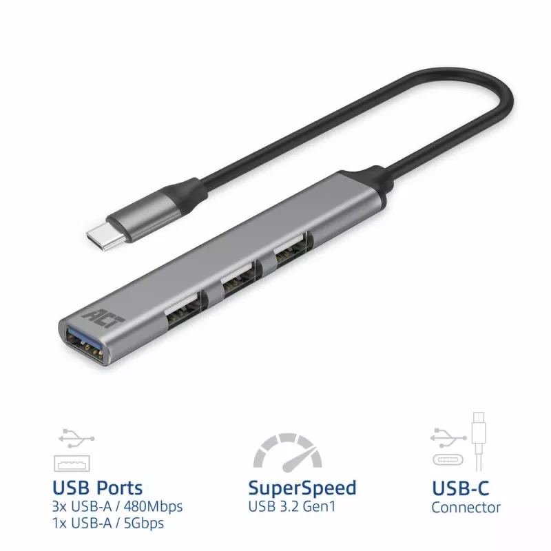 USB Hub ACT AC6425 Type-C 5000 Mbit/s αλουμίνιο γκρι