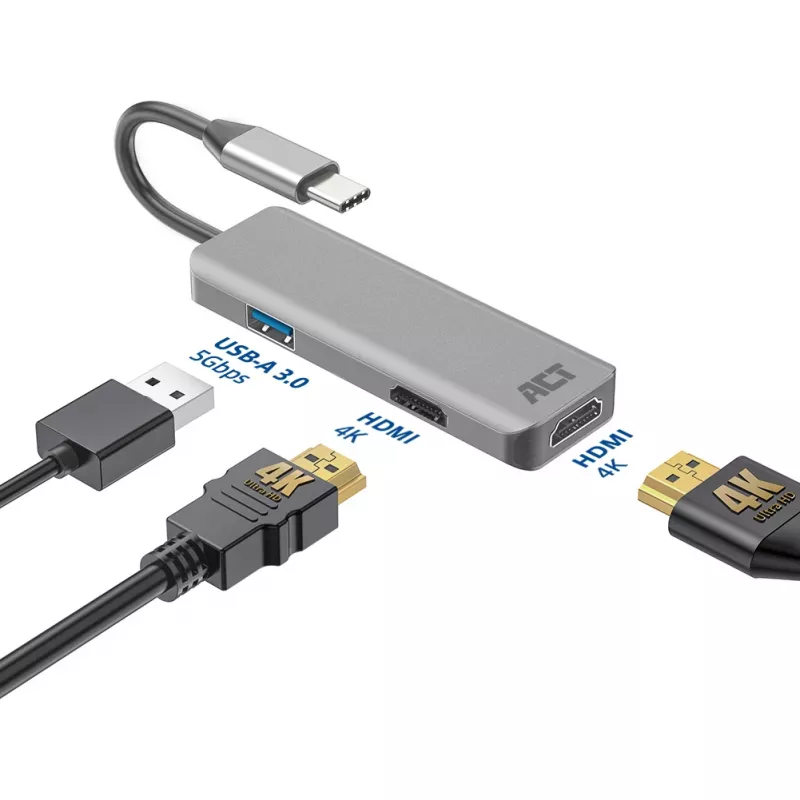 ACT προσαρμογέας USB-C 4K Multiport για 2 οθόνες HDMI, θύρα δεδομένων USB-A