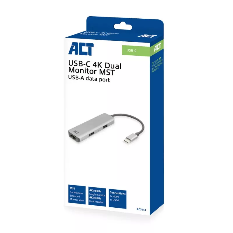 ACT προσαρμογέας USB-C 4K Multiport για 2 οθόνες HDMI, θύρα δεδομένων USB-A